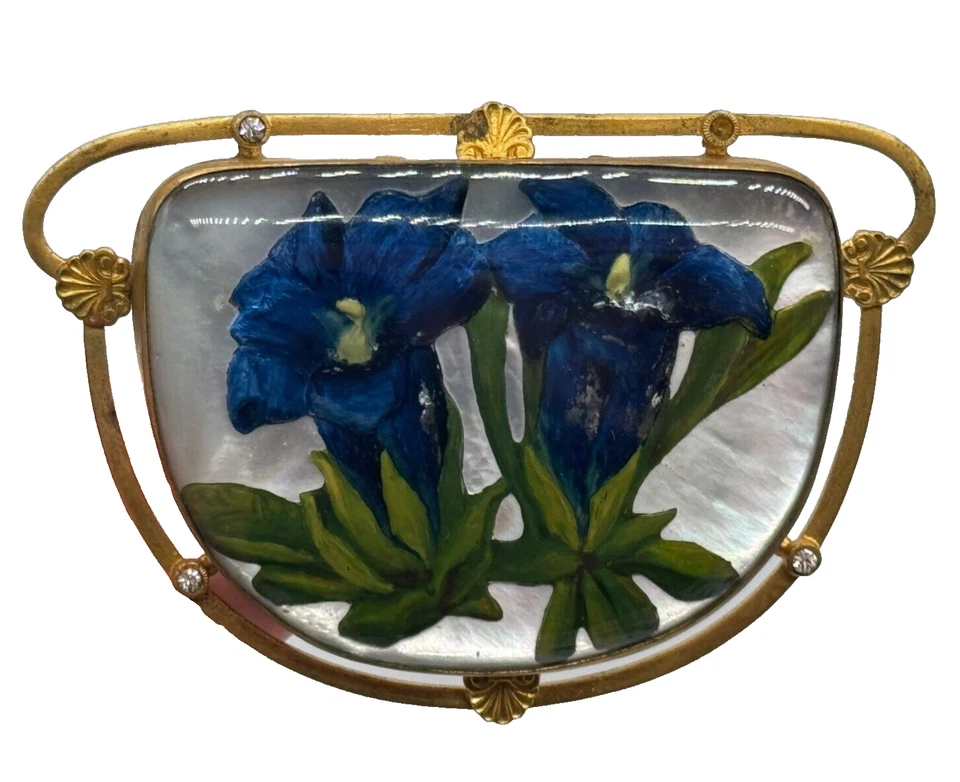 Antiguo Turriet & Bardach Austria Reverso Vidrio Pintado Flor Cinturón Hebilla Foto 2 de 4