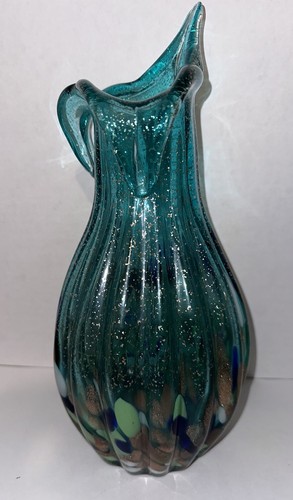 Vintage Krosno mundgeblasenes Glas Jack in Kanzel Glitzer türkis blau-grün große 13" Vase - Bild 3 von 15