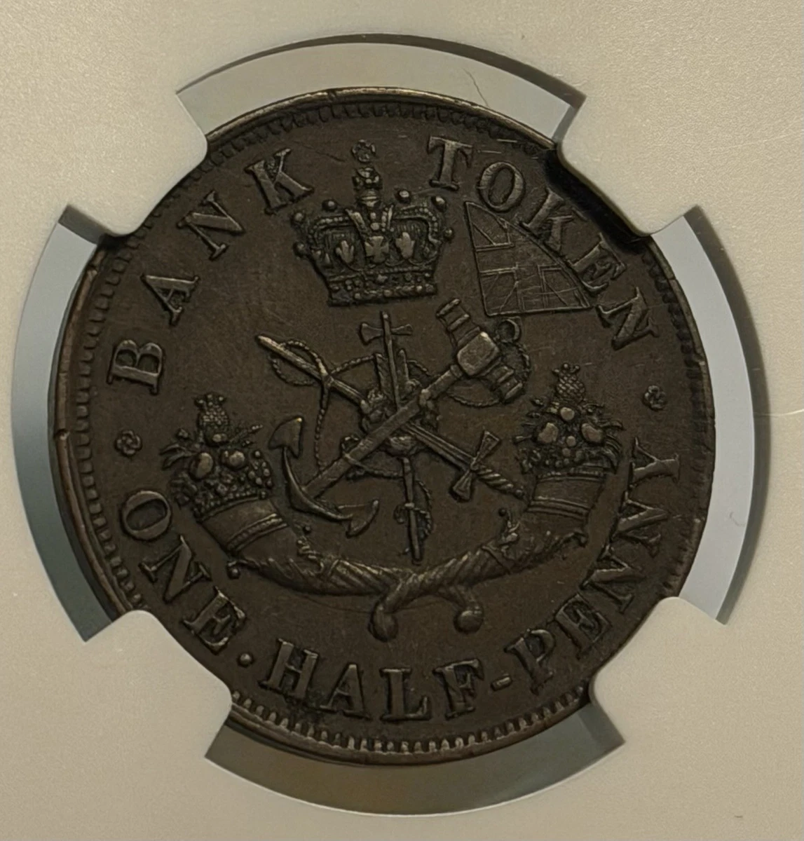 1854 Bank of Upper Canada 1/2 Penny Token, PC-5C1, Plain 4 - NGC AU58 BN