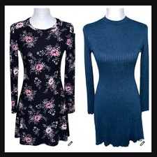 Winter Fall Dress Long Sleeve Knee Length Sz Medium Floral Witchy Stretch Ruffle