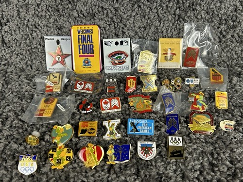 VTG Olympic, Sports, Hollywood Pinback Lot Of (33) Enamel Pins USA, Canada, 80’s