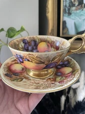 Vintage AYNSLEY Fruit Orchard Gold Footed Tea Cup & Saucer Bone China Set Signed
