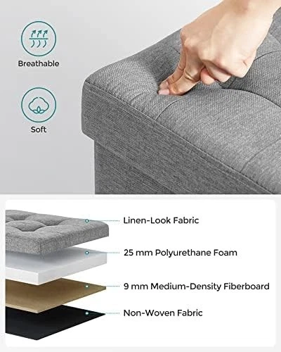 Light Grey Folding Storage Ottoman Cube 38cm Footstool with Lid & Tufted Seat - Image 3 of 4