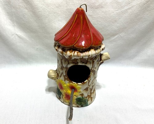 Vintage Ceramic Birdhouse Tree Trunk w/ Flowers & Pointed Roof HP Drip Glaze