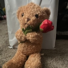 Brown Plush Teddy Bear Stuffed Animal Holding Red Rose, Black Eyes, 1 Unit