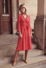 Sezane Red 100% Silk Daisy Print Floral Faux Wrap Dress Size Euro 40 US 8 Small