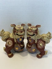 Kutani Vintage Japanese Porcelain Figurines Antique Foo Dogs Pair 6”