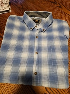LEE Regular Comfort Shirt Mens XL Blue PLAID Stretch Cotton Blend - F4