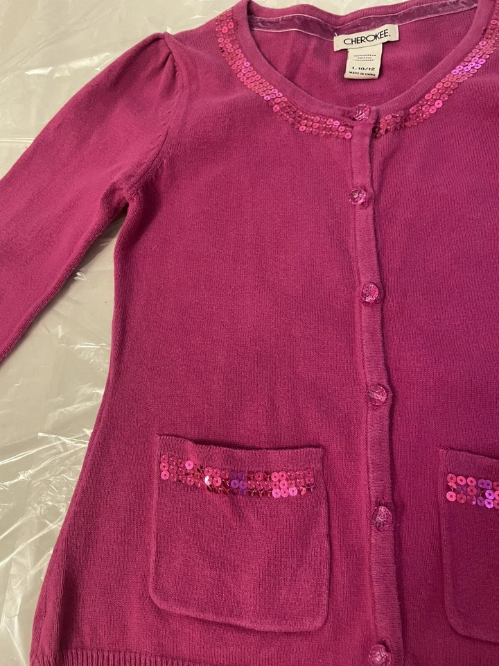 Cherokee Rhinestone Girl's Button Front Pink Cardigan Sweater Size Large (10-12) - Image 4 of 4