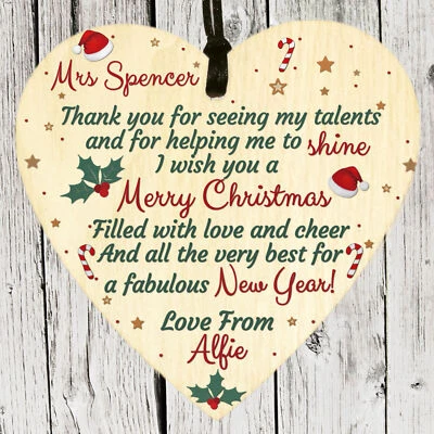 Personalised Thank You Teacher Gift Merry Christmas Wooden Heart Plaque Sign