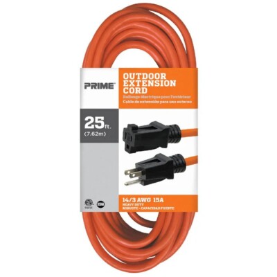 Prime 25ft Extension Cord 14 Gauge AWG 14/3 SJTOW Outdoor Heavy Duty