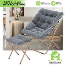 Folding Saucer Cozy Moon Chair Home Grey Soft Faux Fur Oversized Seat w/Ottoman
