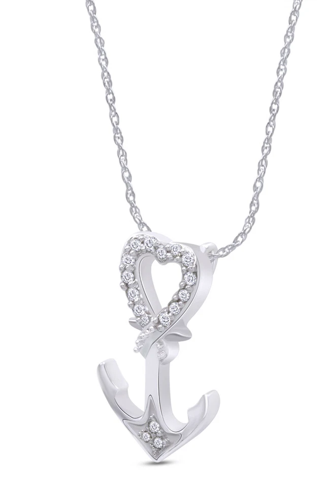 Colgante de anclaje de corazón de diamante redondo natural de 1/10 quilates de oro macizo de 10 quilates con cadena de 18" Foto 3 de 4