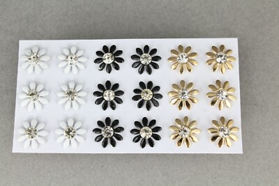 9 pair small flower crystal stud earrings daisy post white black gold 3/8'' wide