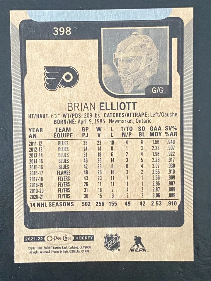 Brian Elliott 2021-22 O-Pee-Chee Hockey #398 Philadelphia Flyers - Image 2 of 2