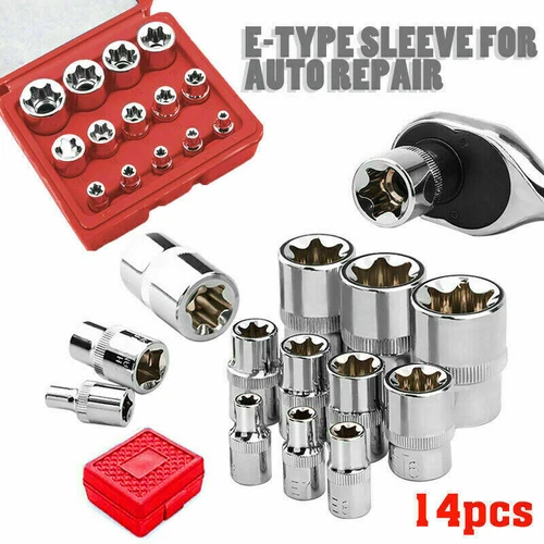 14 Pcs E Torx Star Female Bit Socket Set 1/2" 3/8" 1/4" Drive E4 -E24 with Case - Picture 2 of 11