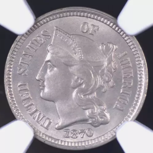 1870 THREE CENT NICKEL NGC MS 63 SLIGHTLY GREYING SILVER WELL STRUCK AND FREE