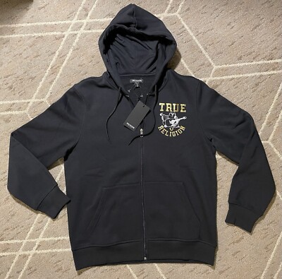 New NWT True Religion Black Metallic Buddha Star Full Zip Hoodie
