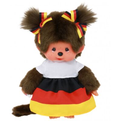 Mädchen im Deutschland-Kleid | 20 cm Monchhichi Puppe | zwei Zöpfchen