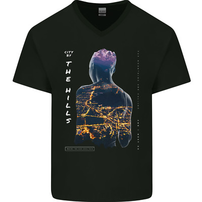 City Lichter & Berge Double Exposure Herren V-Ausschnitt Baumwolle Maglietta
