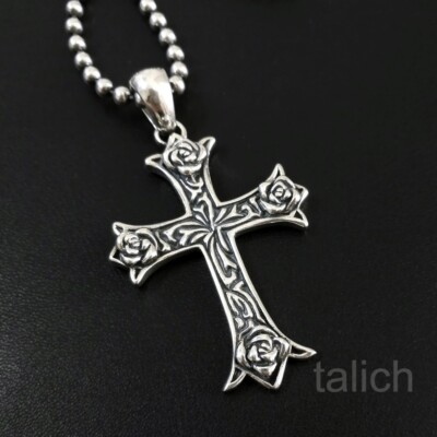 Shiny Solid 925 Sterling Silver Rose Flower Ornate Scroll Cross Pendant ...