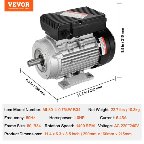 VEVOR Moteur 0,75kW 1400tr/min CA 220-240V 5,45A monophasé arbre à clavette 19mm - Foto 7 di 12