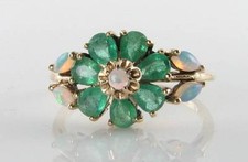9K 9CT GOLD COLOMBIAN EMERALD OPAL DAISY CLUSTER COCTAIL RING FREE RESIZE