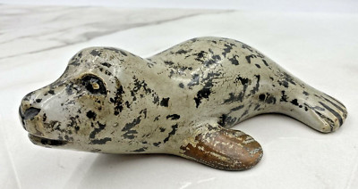Vintage Seal Figurine Speckled Pottery 9  Handcrafted Lying Flat Head Up