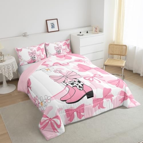 Girls Ribbon Bow Comforter Set,Western Cowgirl Boots Full White Black Pink - Bild 4 von 8