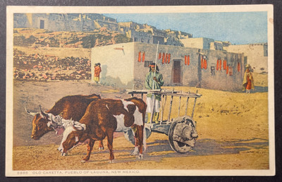 Old Caretta Pueblo Laguna New Mexico printed Fred Harvey Phostint Draft Cattle
