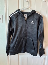 Adidas Boy  s Size Medium LS Full Zip Hooded Sweatshirt Charcoal 3 Stripe Warm
