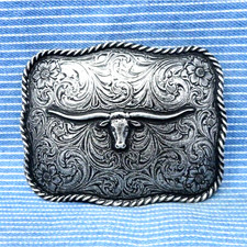 Western Floral Scroll Longhorn Belt Buckle Cowboy Cowgirl Vaquero Vtg 90s.TYC332