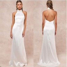 Lulus Women's Luxe Destiny White Satin Backless Halter Mermaid Maxi Dress XL