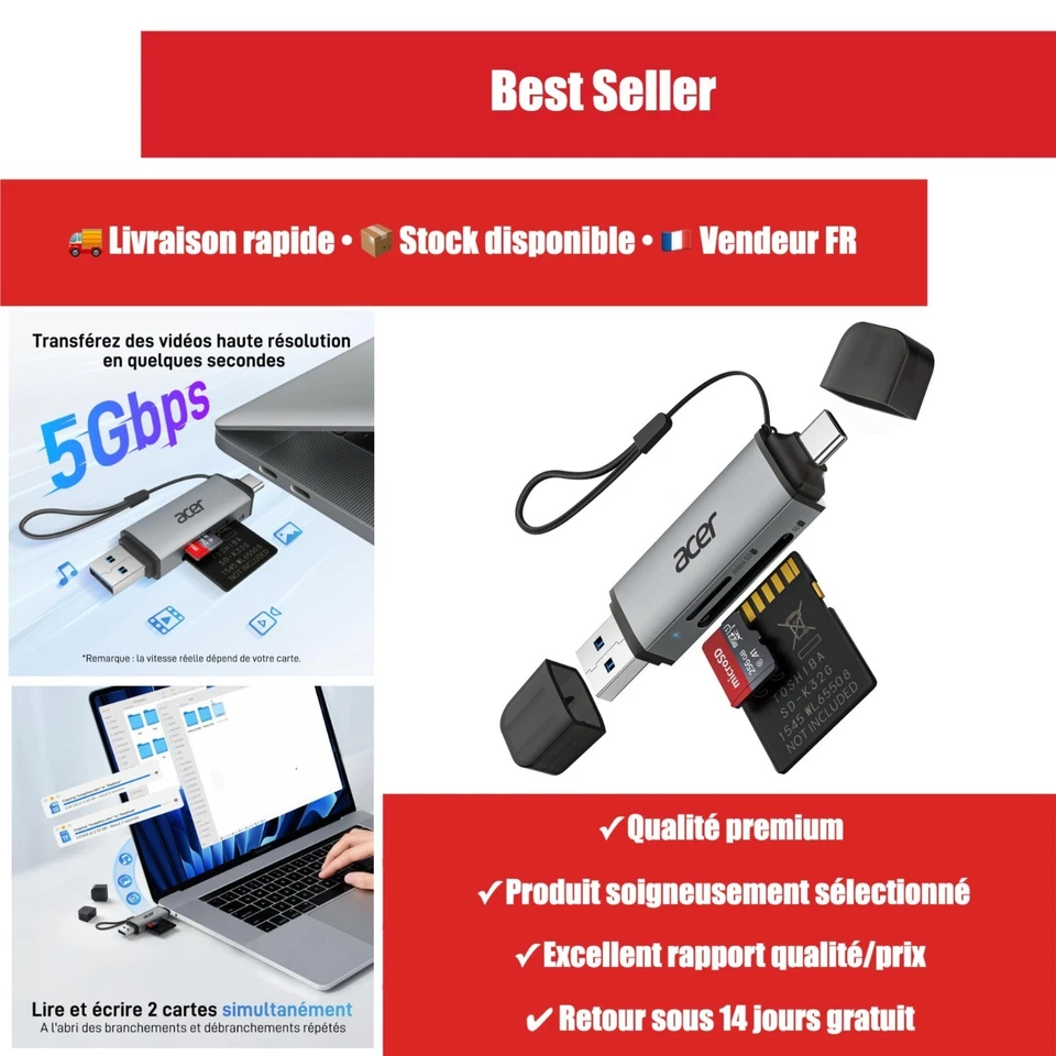 Acer Lecteur cartes SD microSD USB 3.0 USB-C double lecteur - Photo 1/4