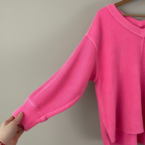 Aerie Ribbed V Neck Neon Pink Oversized Sweatshirt Womens Size Small - Picture 5 of 6