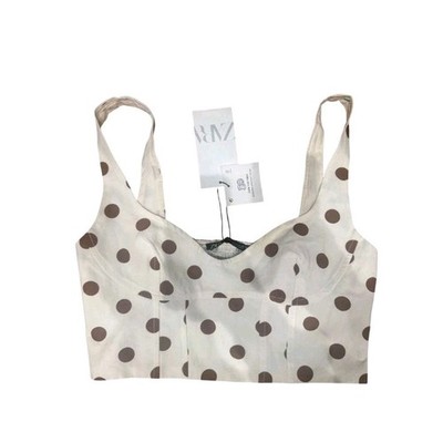 Zara Polka Dot Bustier Crop Top Cream Brown NWT Size M Corset Style Retro Chic