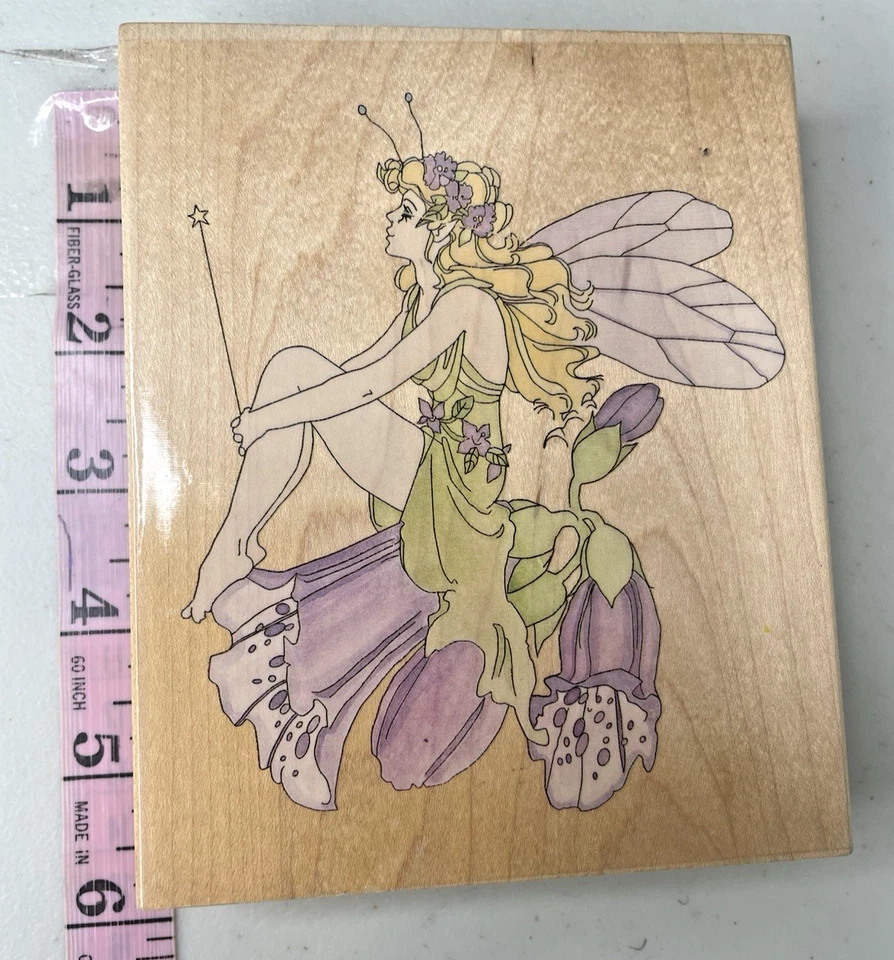 Stamps Happen #80087 Fairy On Foxglove Wood Mount Whimsical Floral Rubber Stamp - Image 2 of 4