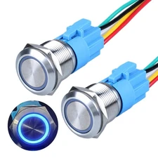 2 Pcs 19mm 12V 24V DC Latching Push Button Switch Blue LED with Pig Tail