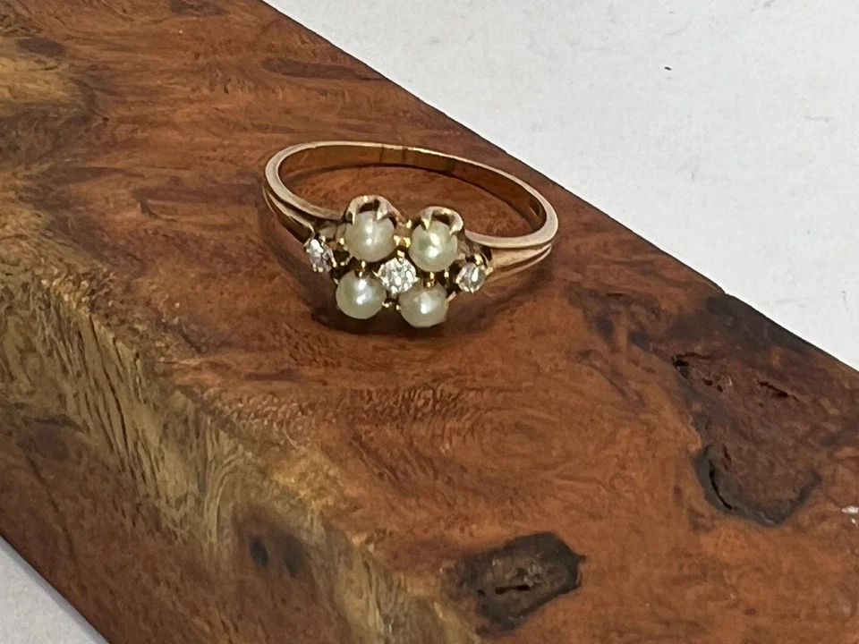 Винтажное кольцо из желтого золота 10 карат размер 7 1/4 белое семя жемчуг и бриллианты викторианский - Изображение 3 из 4
