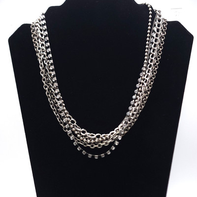 AEO Multi Strand Silver Tone Necklace Rhinestone Chain Layered Statement Vintage