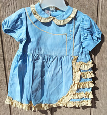 Vintage 20's /30's Dress Girl Blue Cotton Short Sleeves Bay Bee Frock Size 3