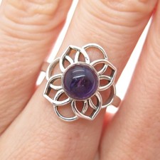 925 Sterling Silver Vintage Real Amethyst Flower Ring Size 7