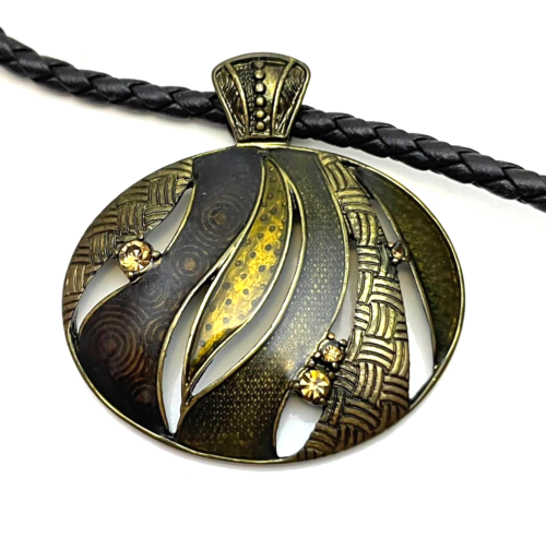VTG Lia Sophia "INTRIGUE" Pendant Necklace black Rope Yellow Enamel Rhinestones