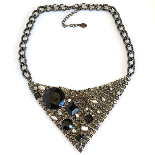 Signed Robert Rose Goth Gunmetal Black Rhinestone Mesh Statement Bib Necklace