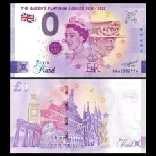Zero 0 Euro Pound Souvenir 2022 Elizabeth II The Queen's Platinum Jubilee 