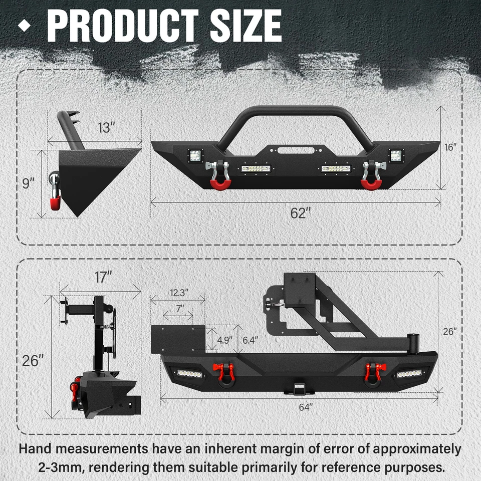 Front / Rear Bumper for 2007-2018 Jeep Wrangler JK JKU Unlimited with LED Lights - Image 3 of 4