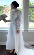 Vintage 70s 80s Victorian Boho Lace High Neck Wedding Dress Bridal Gown Train XS