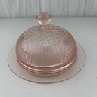 Vintage Depression Glass Jeanette HOMESPUN Lidded Pink Butter Dish **READ