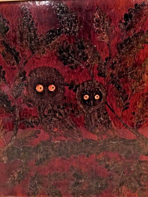 ORIGINAL H/PAINTED 2 OWLS LACKER ON BORT BY LISTED ARTIST ''CASTELBAJAC'' SIGNED 