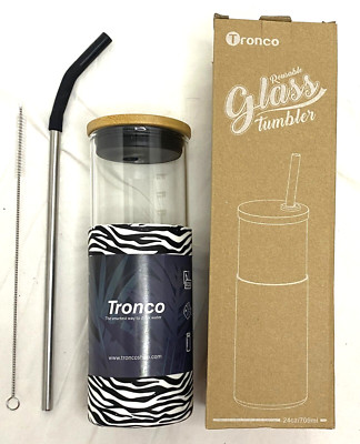 Tronco 24 oz Glass Tumbler Water Bottle with Straw Zebra Striped